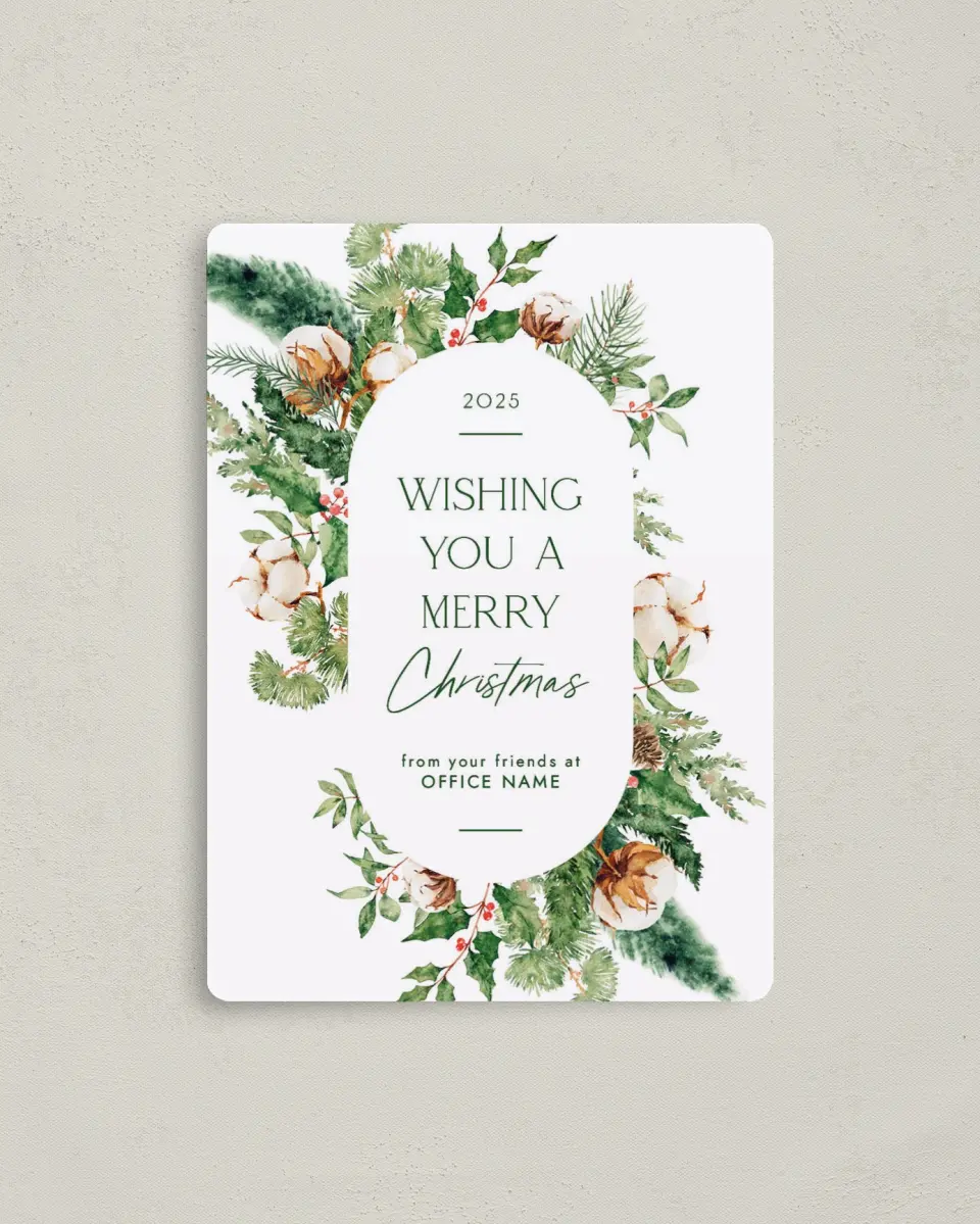 This is a 4" x 5½" Christmas Card called Wreath of Cheer printed in full color with Rose Gold foil and a Luxe Satin finish