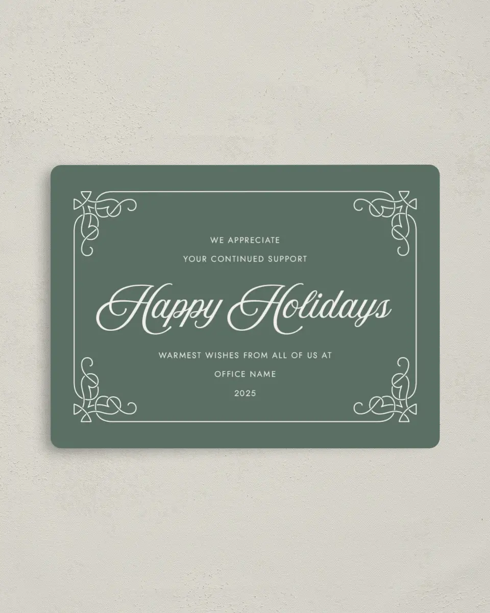 This is a 4" x 5½" Christmas Card called Fancy Festivities printed in full color with Rose Gold foil and a Luxe Satin finish