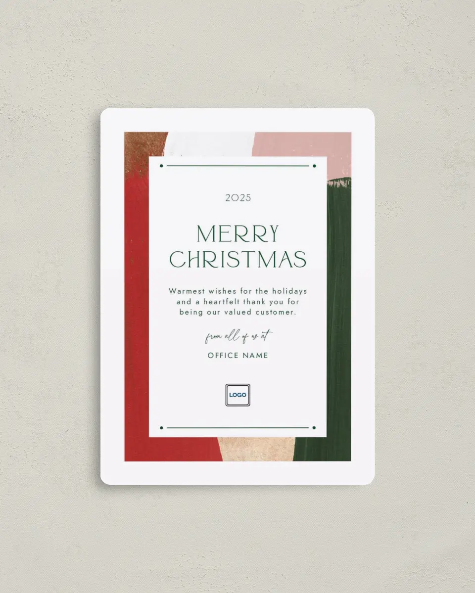 This is a 4" x 5½" Christmas Card called Simple Christmas printed in full color with Rose Gold foil and a Luxe Satin finish