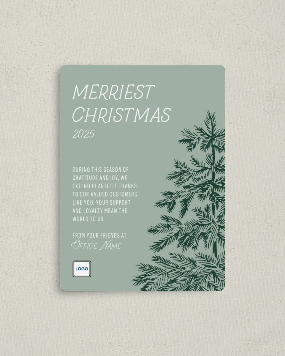 This is a 4" x 5½" Christmas Card called Christmas Evergreen printed in full color with Rose Gold foil and a Luxe Satin finish