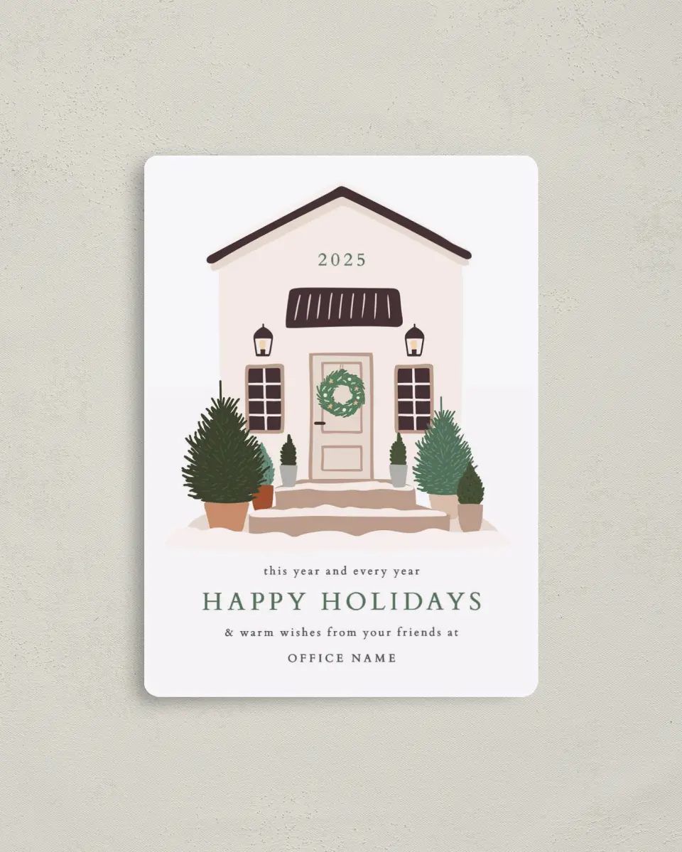 This is a 4" x 5½" Christmas Card called Home for Christmas printed in full color with Rose Gold foil and a Luxe Satin finish