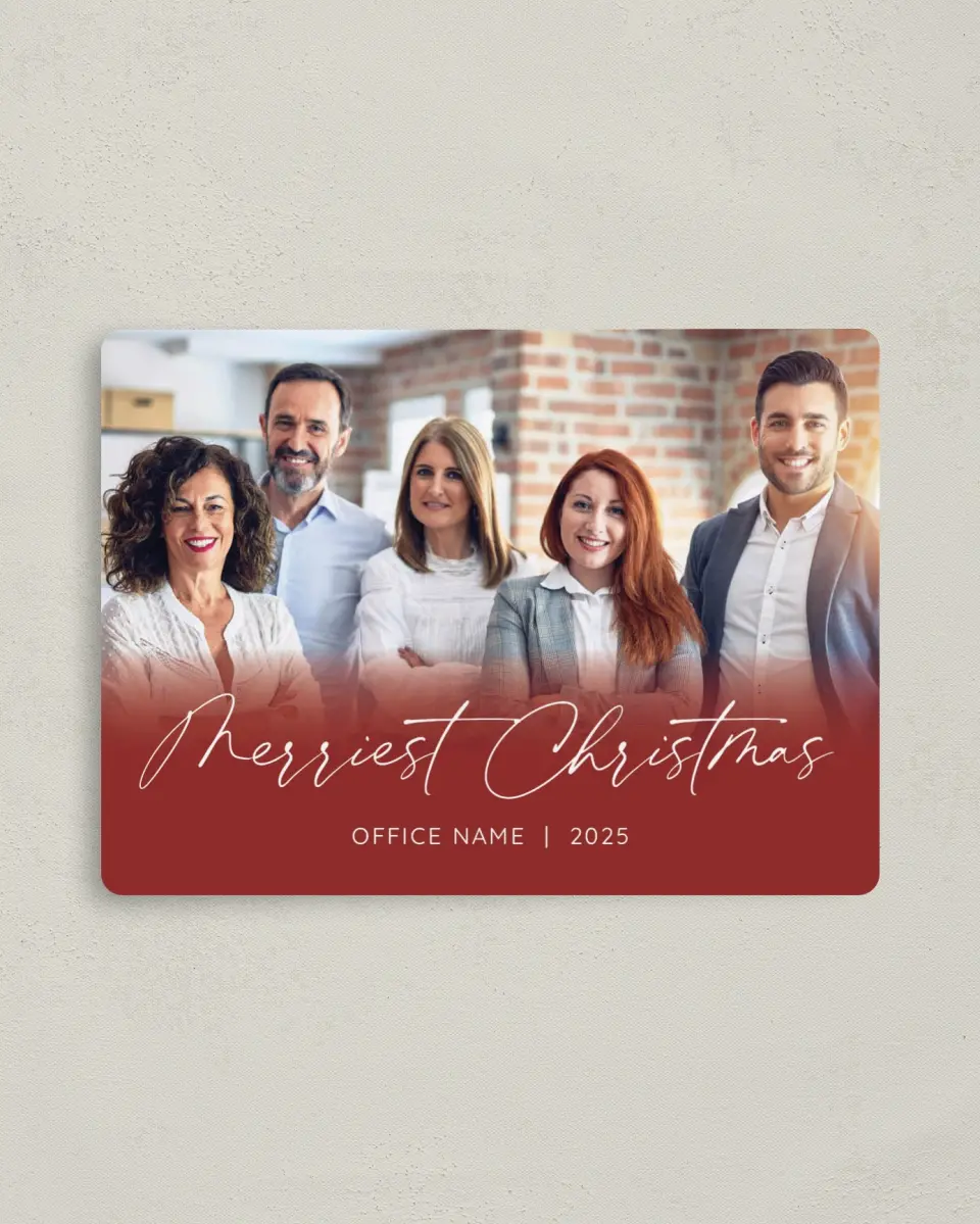 This is a 4" x 5½" Christmas Card called Our Family To Yours printed in full color with Rose Gold foil and a Luxe Satin finish