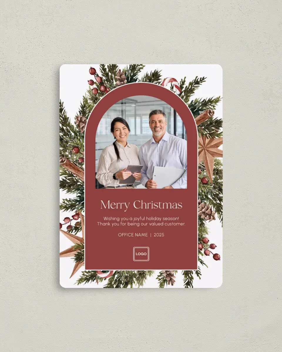 This is a 4" x 5½" Christmas Card called Harvest Holiday printed in full color with Gold foil and a Luxe Satin finish