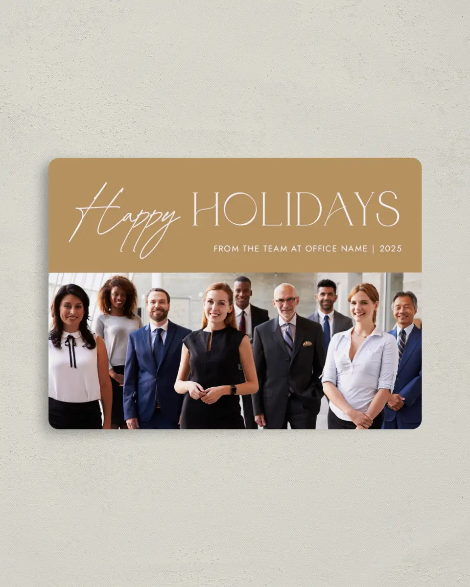 This is a 4" x 5½" Christmas Card called Holiday Wishes printed in full color with Rose Gold foil and a Luxe Satin finish
