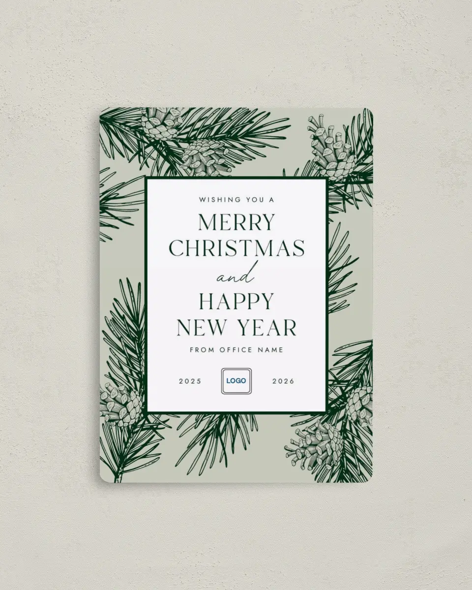 This is a 4" x 5½" Christmas Card called Festive Pine printed in full color with a Luxe Satin finish