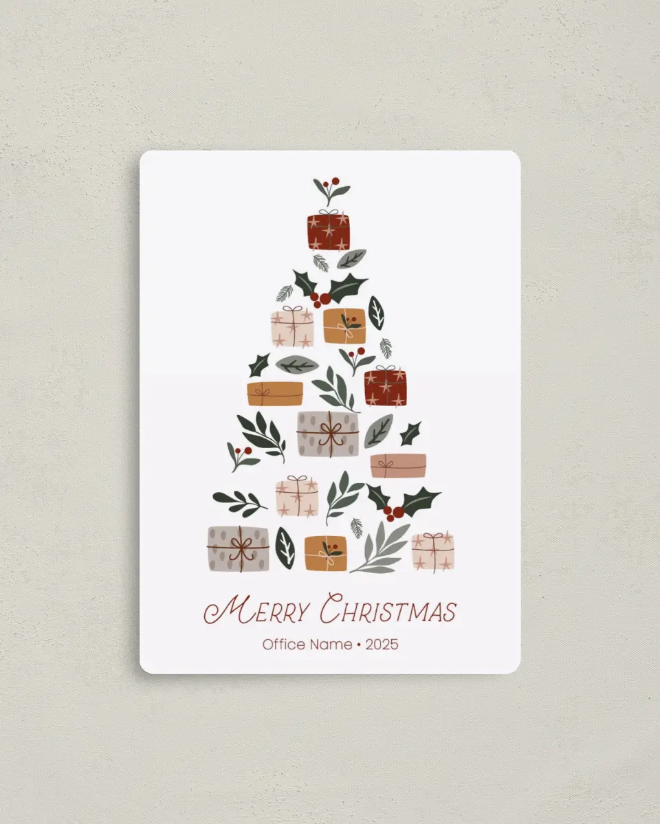 This is a 4" x 5½" Christmas Card called Gifted Greeting printed in full color with Rose Gold foil and a Luxe Satin finish