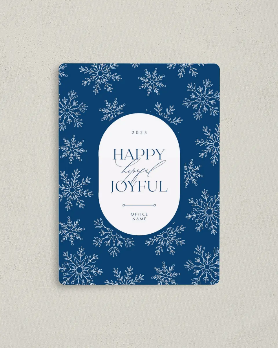 This is a 4" x 5½" Christmas Card called Joyful Flurries printed in full color with a Luxe Satin finish