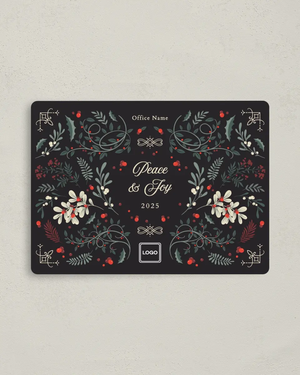This is a 4" x 5½" Christmas Card called Flourishing Peace printed in full color with a Luxe Satin finish