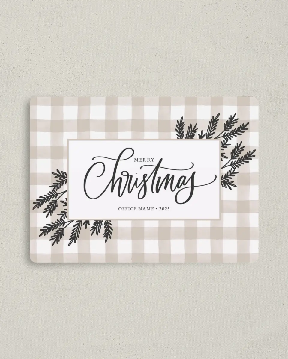 This is a 4" x 5½" Christmas Card called Farmhouse Christmas printed in full color with Rose Gold foil and a Luxe Satin finish