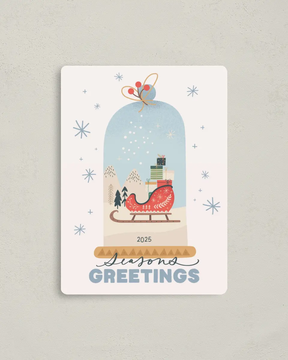 This is a 4" x 5½" Christmas Card called Seasonal Snow Globe printed in full color with Rose Gold foil and a Luxe Satin finish