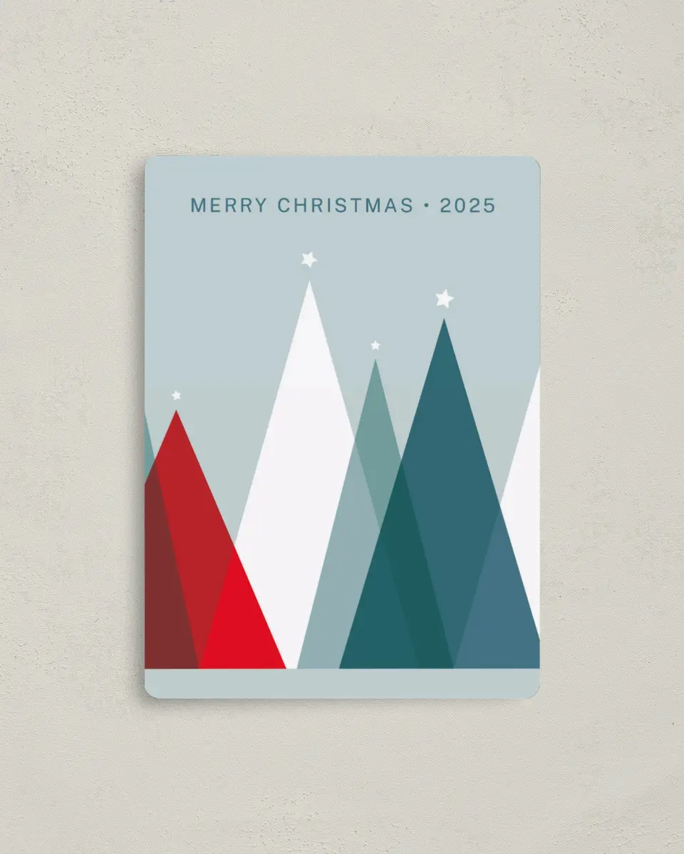 This is a 4" x 5½" Christmas Card called Transparent Trees printed in full color with a Luxe Satin finish