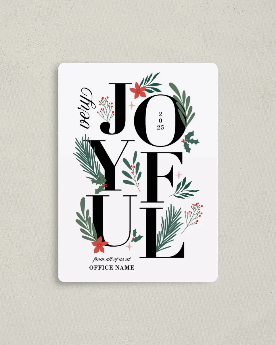 This is a 4" x 5½" Christmas Card called Joyful Boughs printed in full color with a Luxe Satin finish