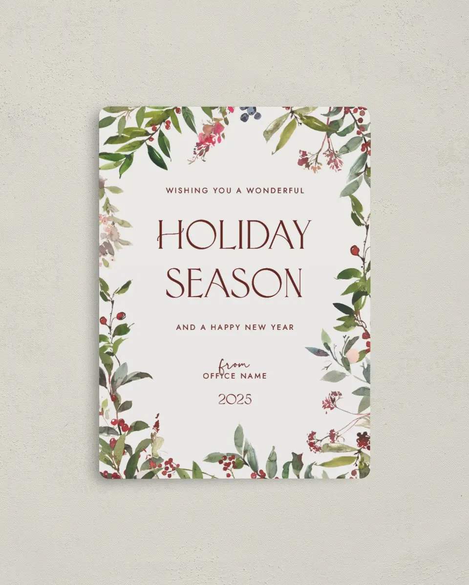 This is a 4" x 5½" Christmas Card called Seasonal Berries printed in full color with a Luxe Satin finish