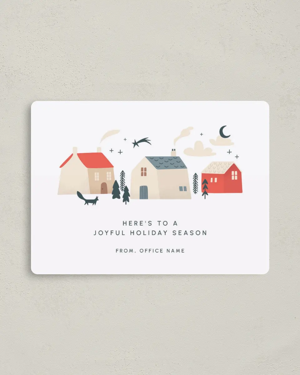 This is a 4" x 5½" Christmas Card called Cozy Village printed in full color with a Luxe Satin finish