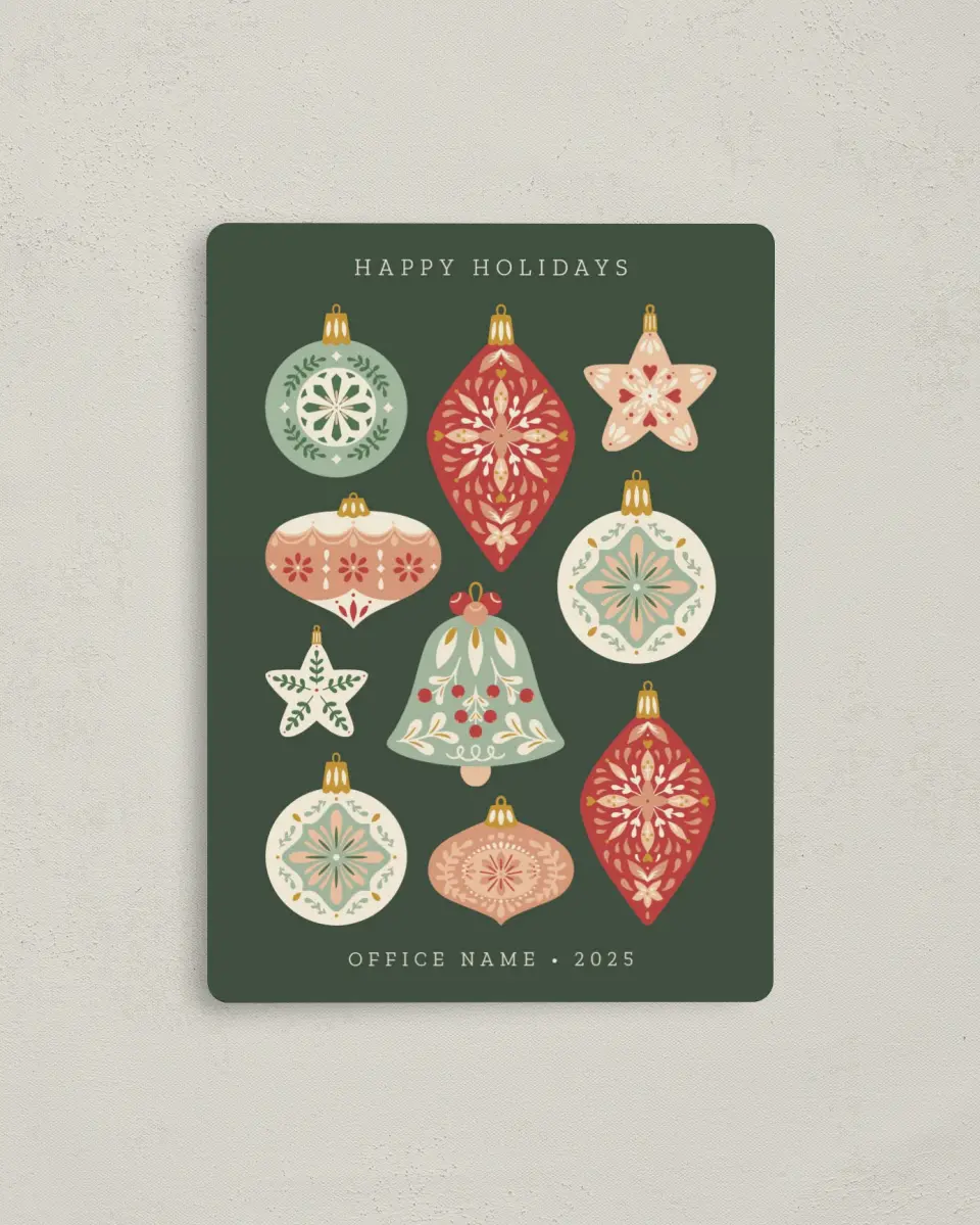 This is a 4" x 5½" Christmas Card called Ornate Ornaments printed in full color with a Luxe Satin finish
