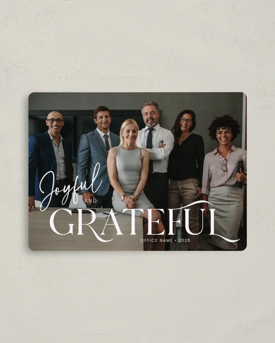 This is a 4" x 5½" Christmas Card called Joyful & Grateful printed in full color with a Luxe Satin finish
