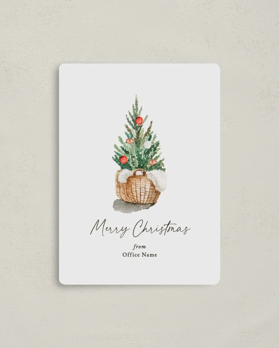 This is a 4" x 5½" Christmas Card called Minimal Tree printed in full color with Rose Gold foil and a Luxe Satin finish