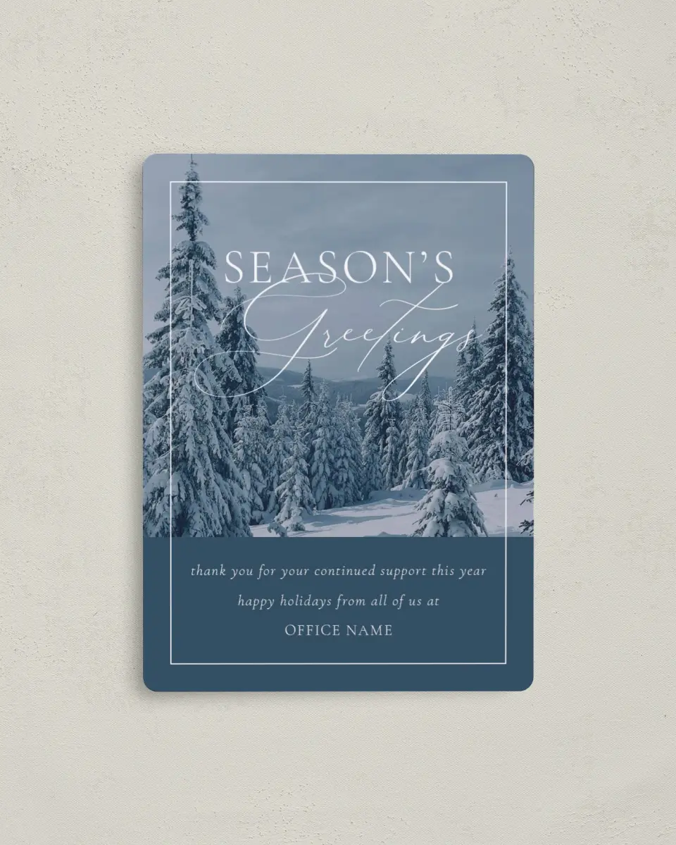 This is a 4" x 5½" Christmas Card called Winter Greetings printed in full color with Rose Gold foil and a Luxe Satin finish