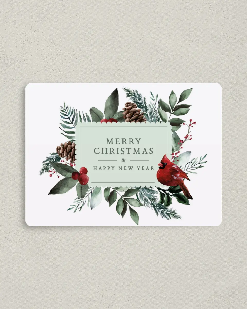 This is a 4" x 5½" Christmas Card called Christmas Cardinal printed in full color with Rose Gold foil and a Luxe Satin finish