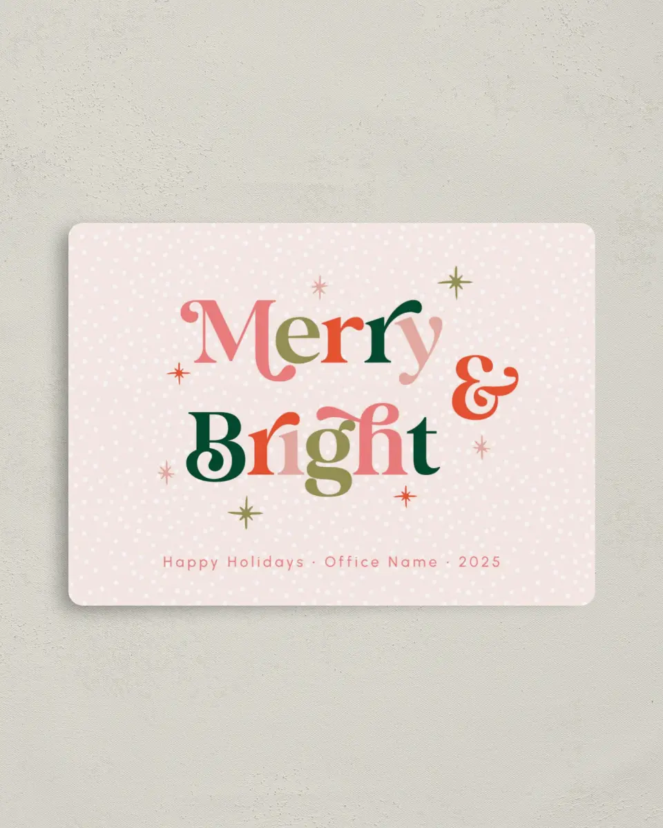 This is a 4" x 5½" Christmas Card called Delightfully Bright printed in full color with Rose Gold foil and a Luxe Satin finish