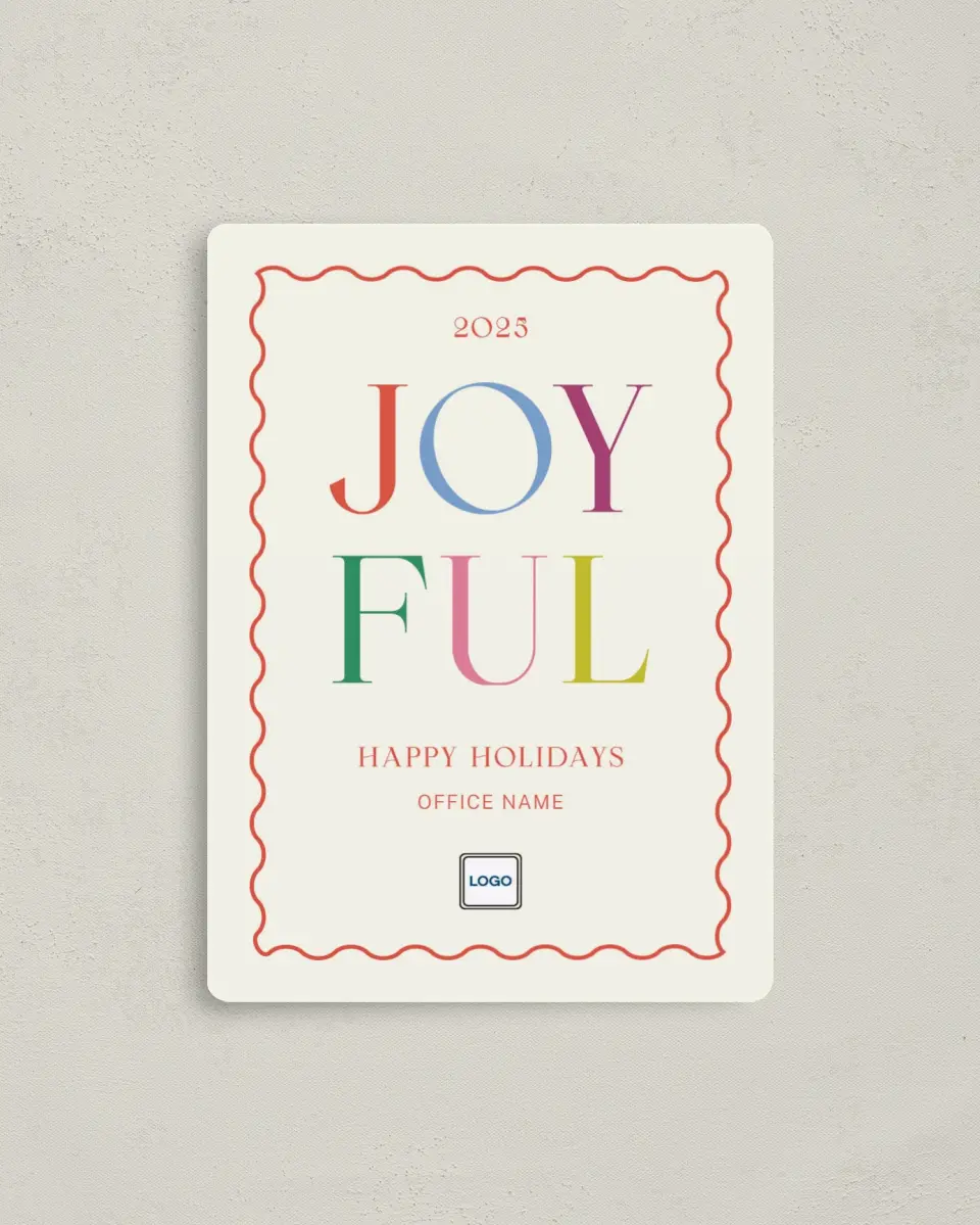 This is a 4" x 5½" Christmas Card called Joyful Christmas printed in full color with Rose Gold foil and a Luxe Satin finish