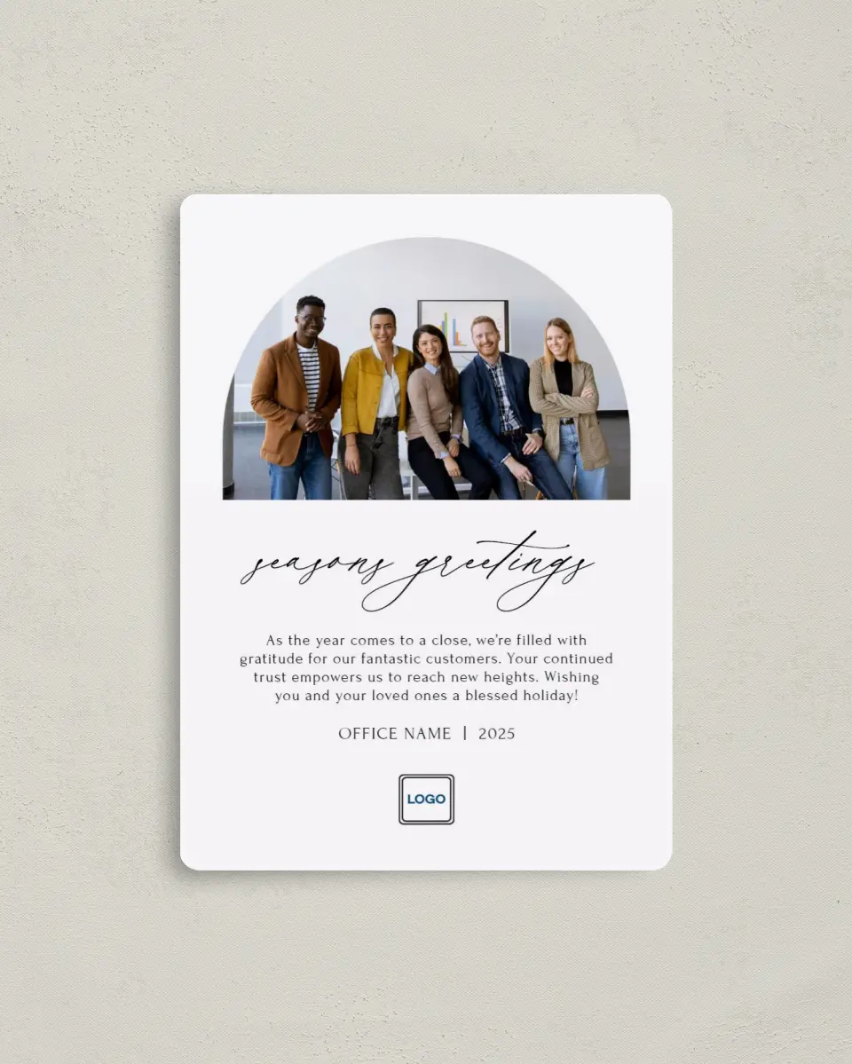 This is a 4" x 5½" Christmas Card called Office Festivity printed in full color with Rose Gold foil and a Luxe Satin finish