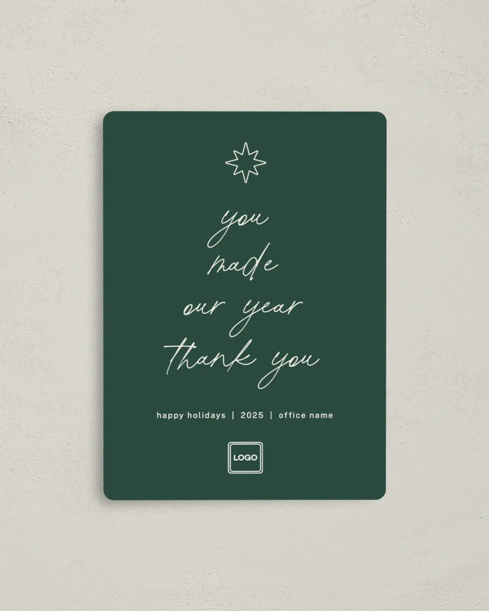 This is a 4" x 5½" Christmas Card called Gratitude Greeting printed in full color with Rose Gold foil and a Luxe Satin finish