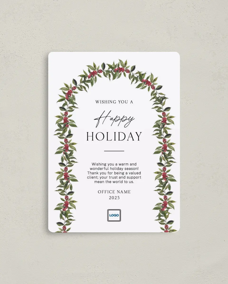 This is a 4" x 5½" Christmas Card called Holly Harmony printed in full color with Rose Gold foil and a Luxe Satin finish