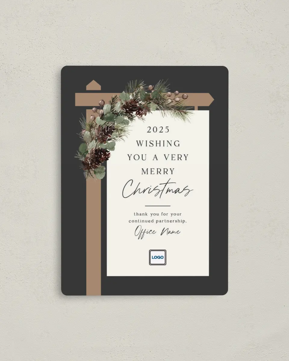 This is a 4" x 5½" Christmas Card called Christmas Success printed in full color with Rose Gold foil and a Luxe Satin finish