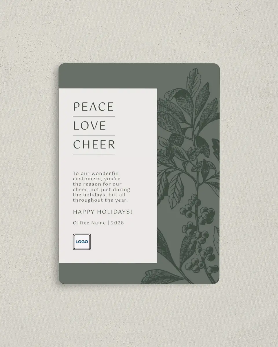 This is a 4" x 5½" Christmas Card called Festive Tranquility printed in full color with Rose Gold foil and a Luxe Satin finish