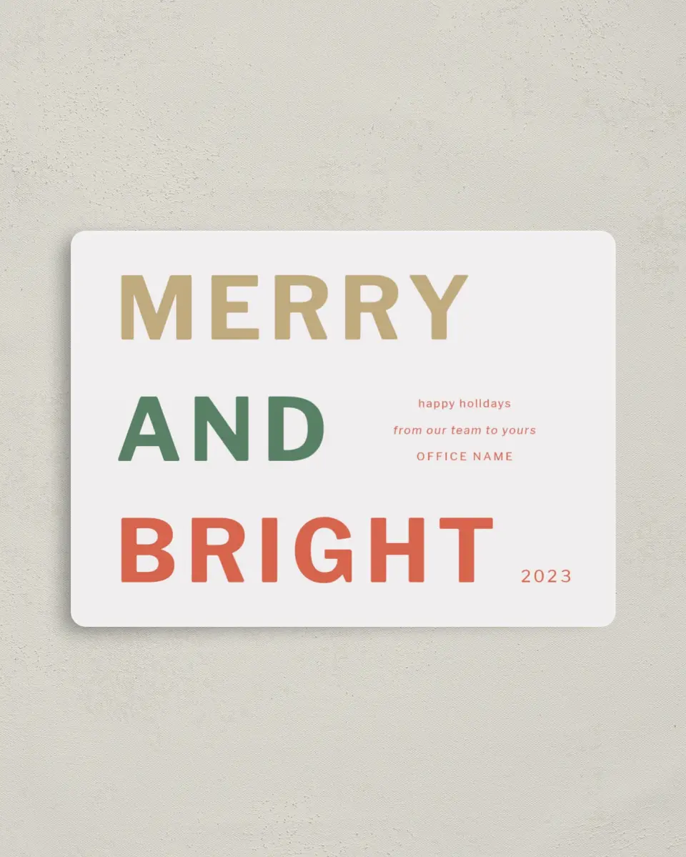 This is a 4" x 5½" Christmas Card called Merry and Bright printed in full color with Rose Gold foil and a Luxe Satin finish