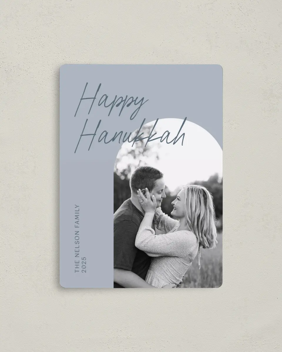 This is a 4" x 5½" Hanukkah Card called Newlywed Glow printed in full color with Silver foil and a Luxe Satin finish