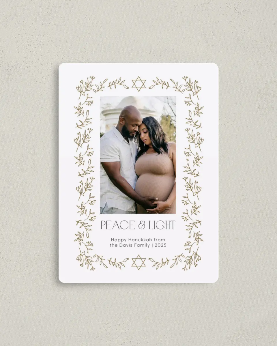 This is a 4" x 5½" Hanukkah Card called Blooming Miracles printed in full color with Silver foil and a Luxe Satin finish