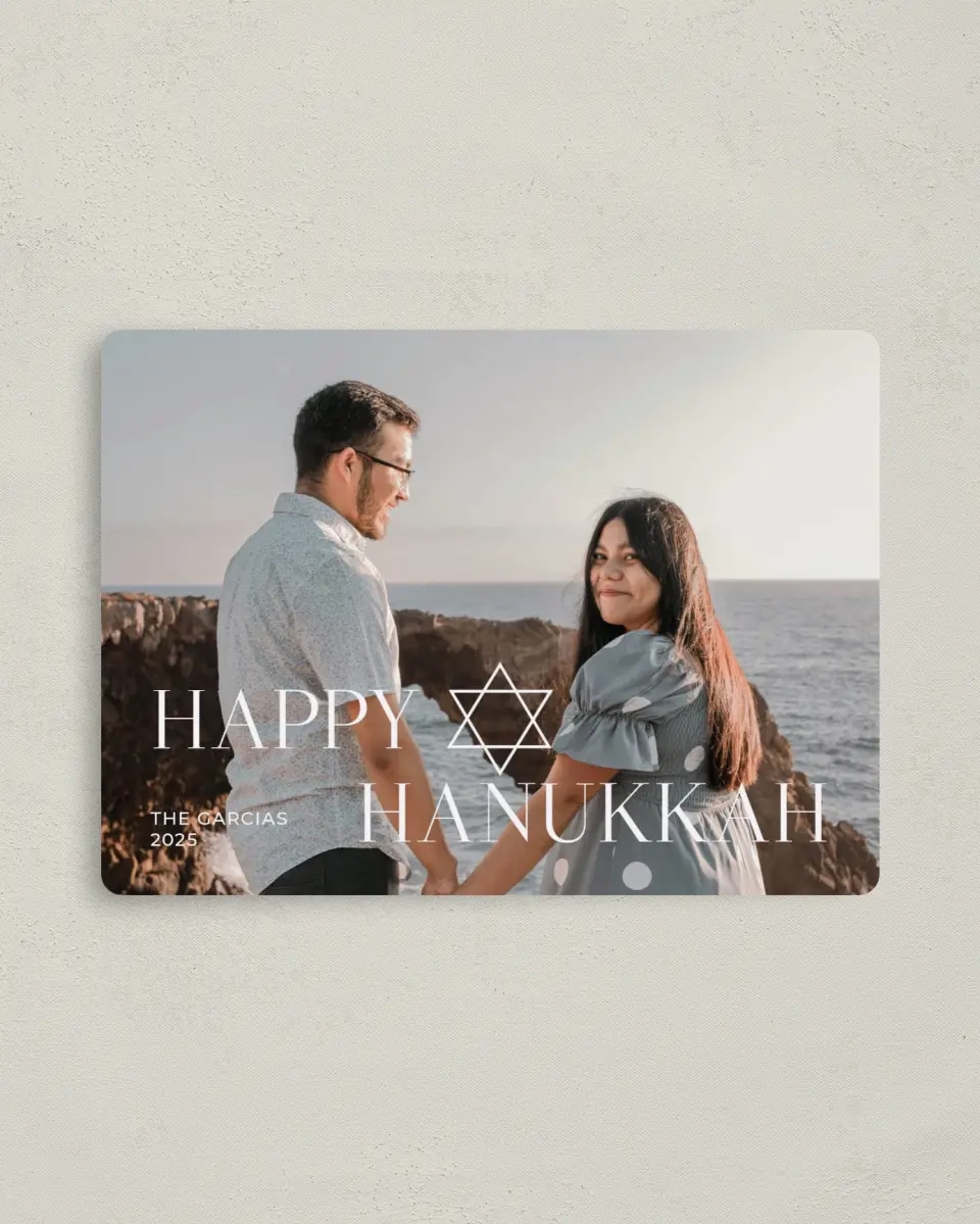 This is a 4" x 5½" Hanukkah Card called Newlywed Radiance printed in full color with Silver foil and a Luxe Satin finish