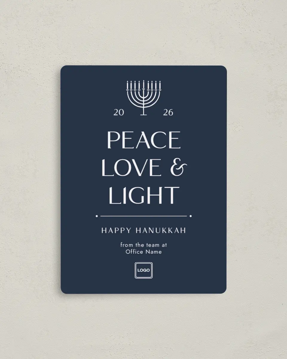 This is a 4" x 5½" Magnetic Christmas Card called Peace, Love & Light printed in full color with a Luxe Satin finish