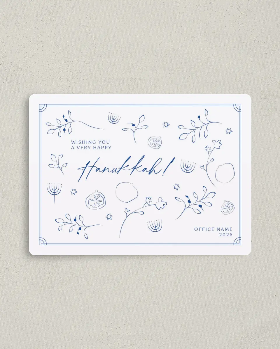 This is a 4" x 5½" Hanukkah Card called Happy Hanukkah printed in full color with Silver foil and a Luxe Satin finish