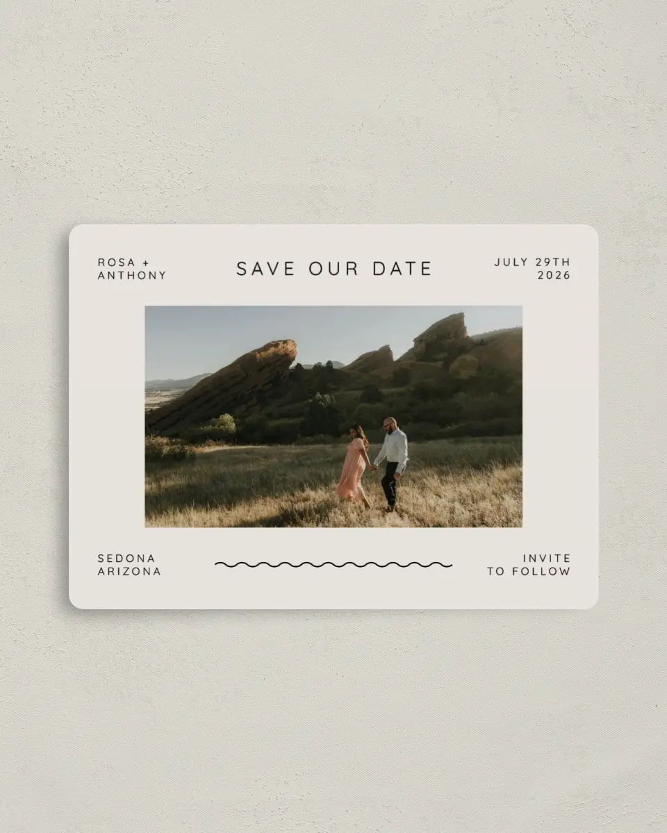 This is a 4" x 5½" Save the Date Magnet called Desert Oasis printed in full color with a Luxe Satin finish