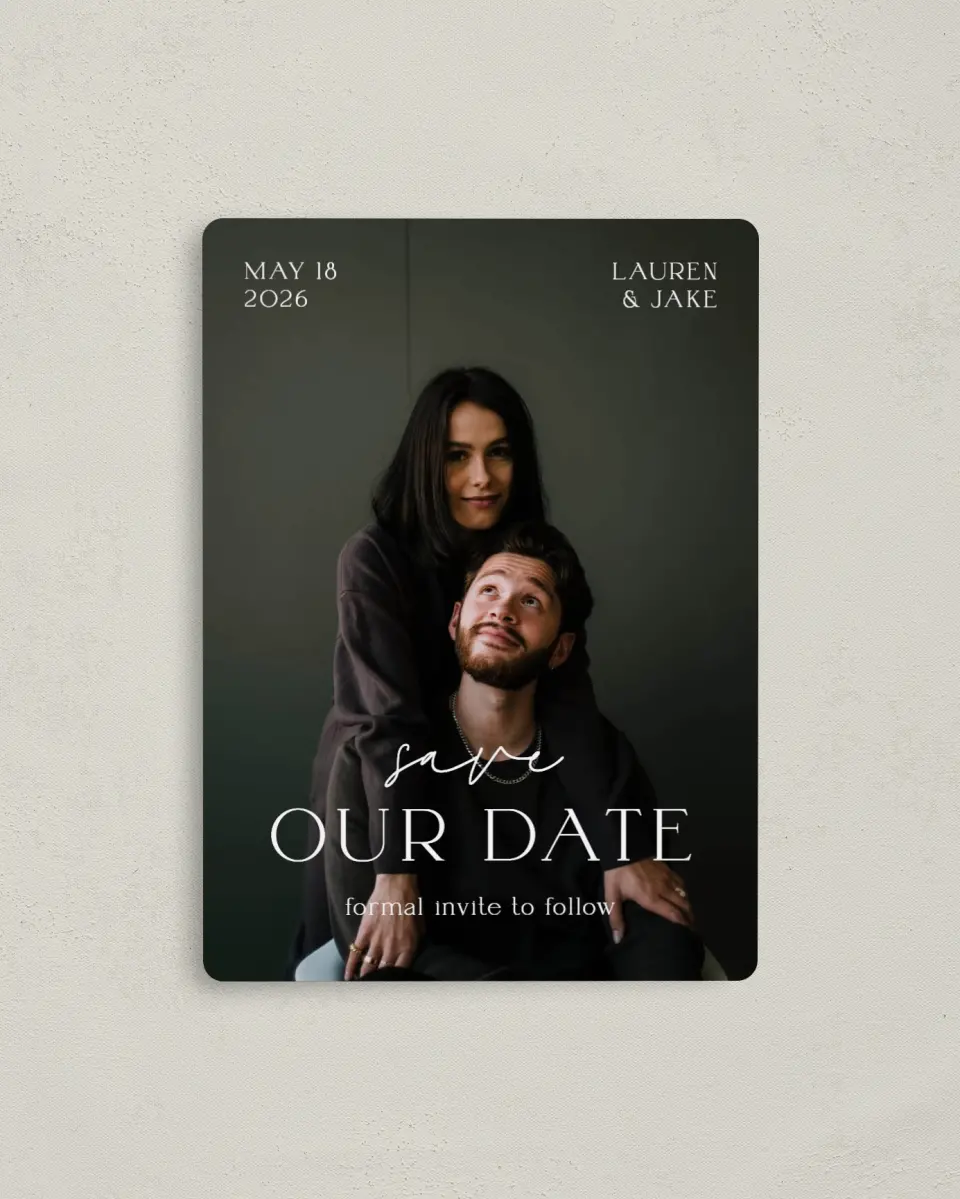 This is a 4" x 5½" Save the Date Magnet called Sincere Sweetness printed in full color with a Luxe Satin finish
