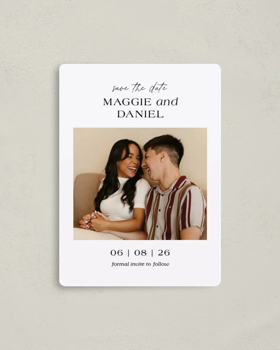 This is a 4" x 5½" Save the Date Magnet called Silly Romance printed in full color with a Luxe Satin finish