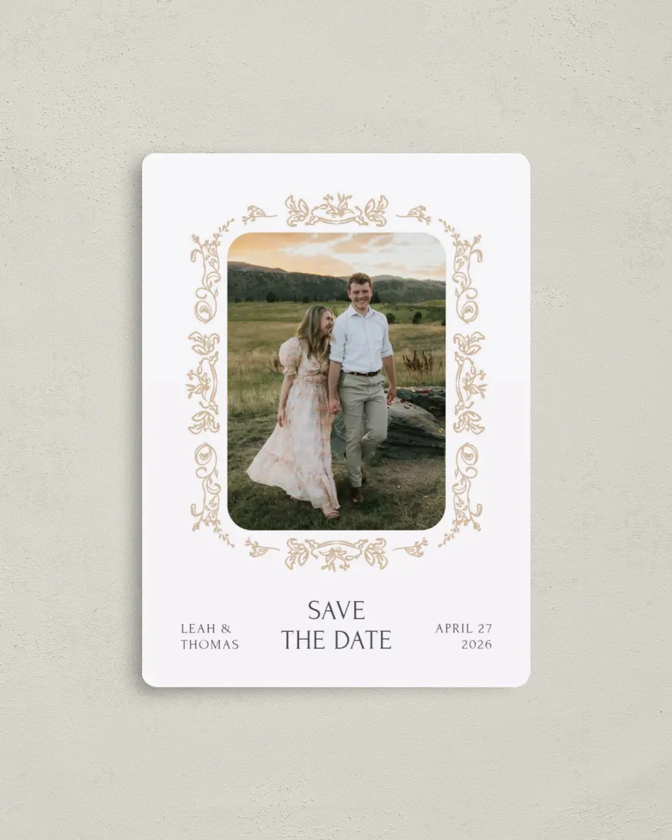 This is a 4" x 5½" Save the Date Magnet called Tranquil Trail printed in full color with a Luxe Satin finish