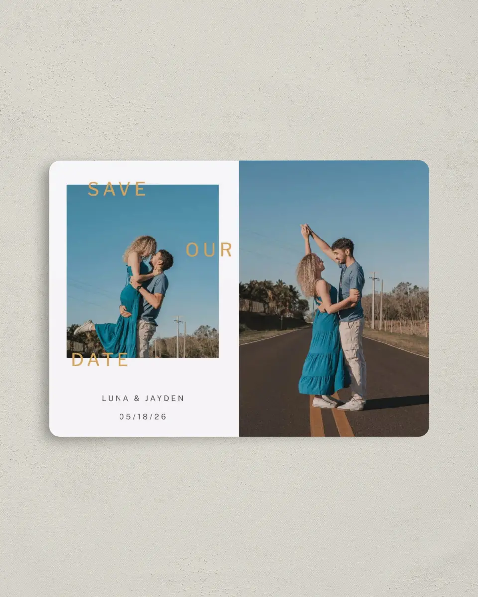 This is a 4" x 5½" Save the Date Magnet called Dance Until Dawn printed in full color with a Luxe Satin finish