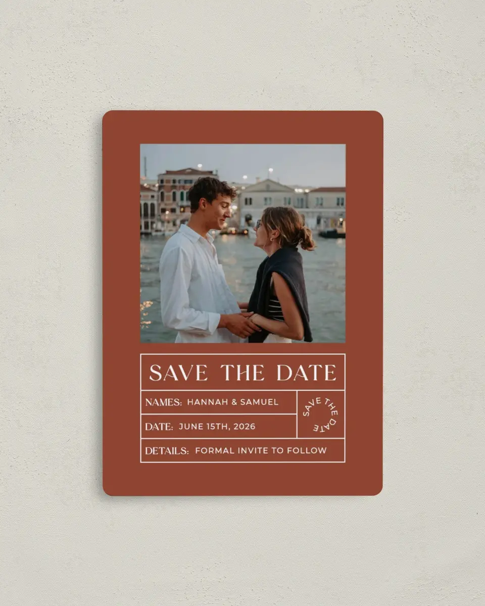 This is a 4" x 5½" Save the Date Magnet called Sienna Sunset printed in full color with a Luxe Satin finish