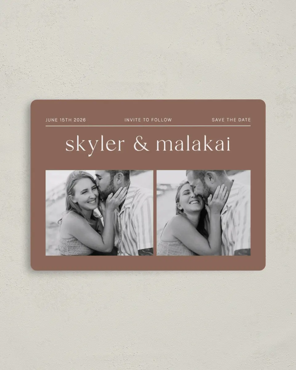 This is a 4" x 5½" Save the Date Magnet called Always You! printed in full color with Rose Gold foil and a Luxe Satin finish