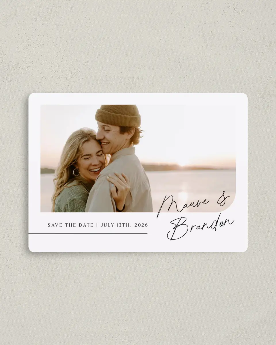 This is a 4" x 5½" Save the Date Magnet called Sealed with Love printed in full color with a Luxe Satin finish