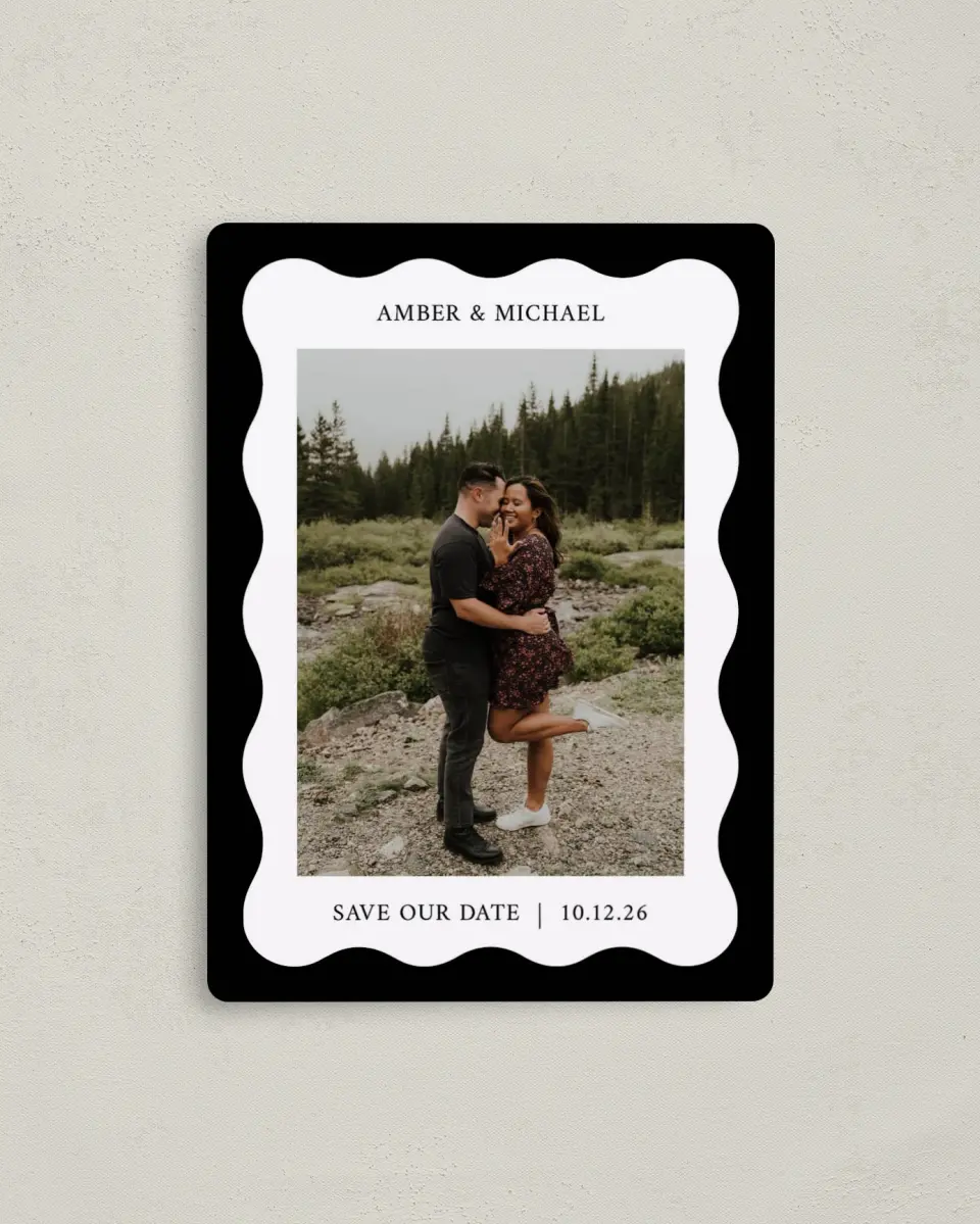 This is a 4" x 5½" Save the Date Magnet called The Amber printed in full color with a Luxe Satin finish