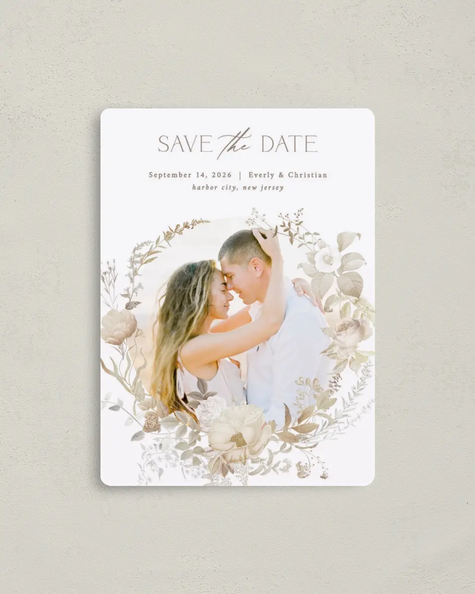 This is a 4" x 5½" Save the Date Magnet called The Everly printed in full color with a Luxe Satin finish