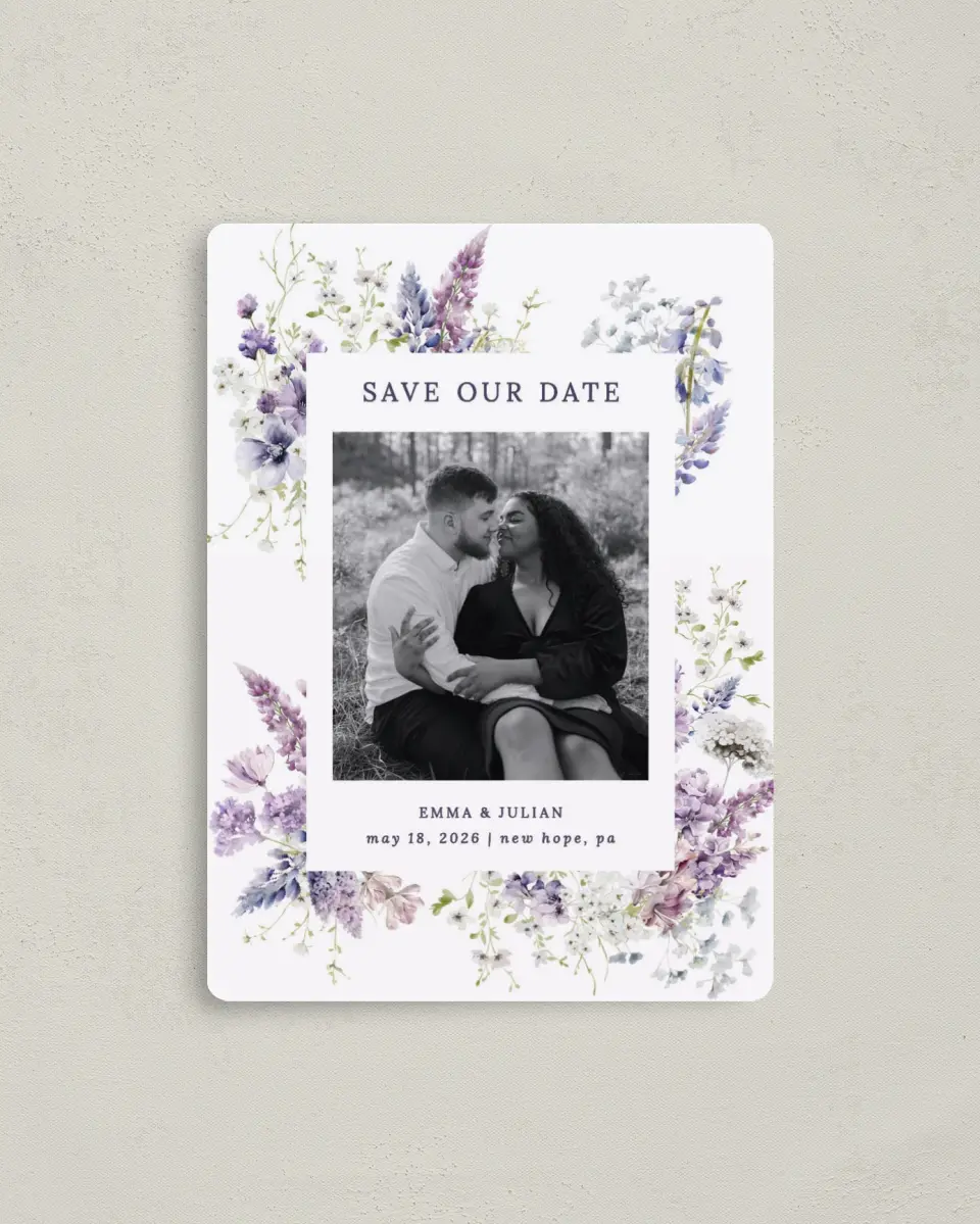 This is a 4" x 5½" Save the Date Magnet called Euphoric Frame printed in full color with a Luxe Satin finish