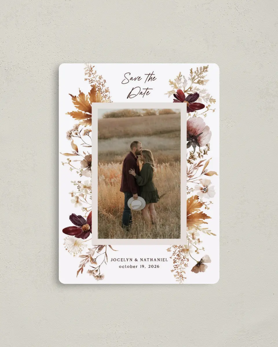 This is a 4" x 5½" Save the Date Magnet called Autumn Wildflowers printed in full color with a Luxe Satin finish