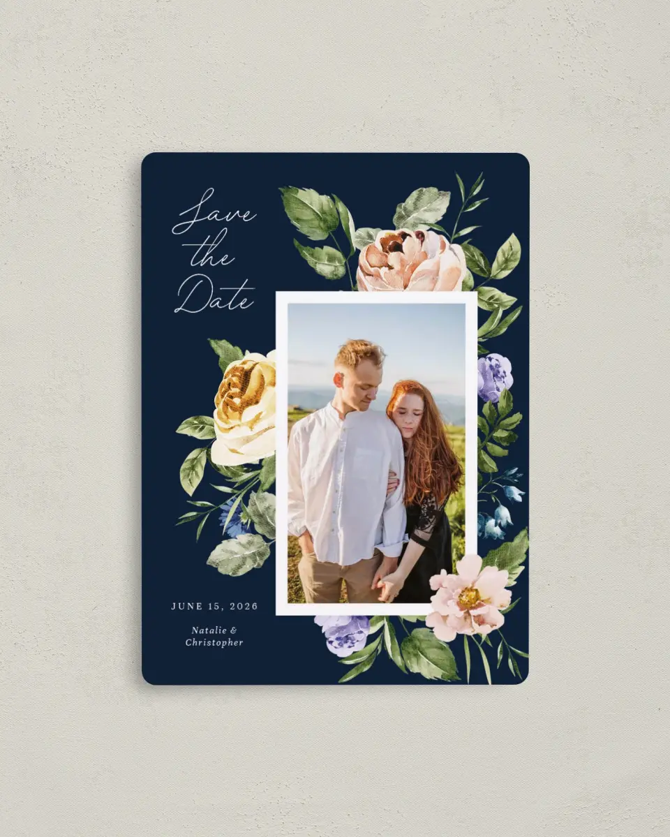 This is a 4" x 5½" Save the Date Magnet called The Natalie printed in full color with a Luxe Satin finish