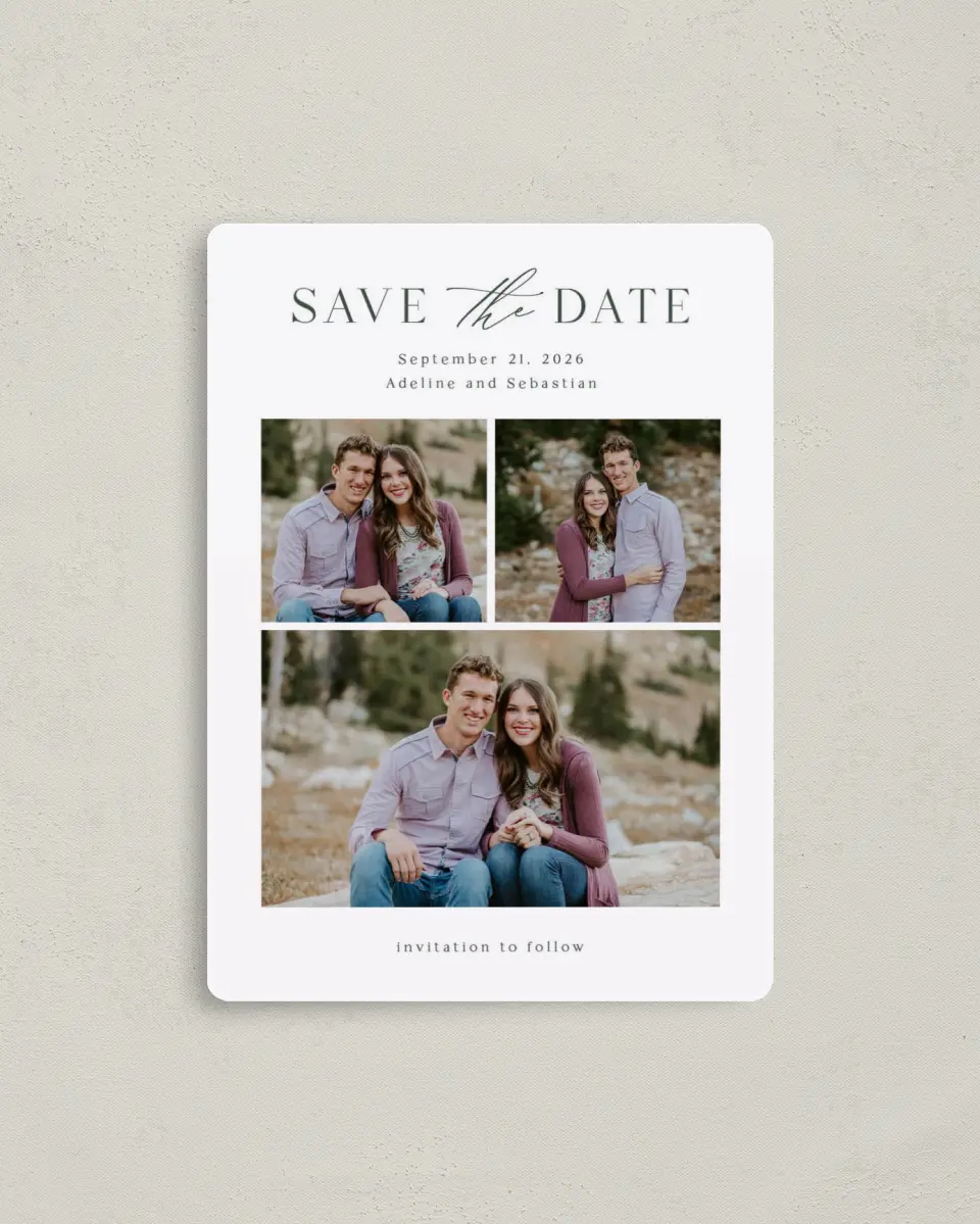This is a 4" x 5½" Save the Date Magnet called True Tradition printed in full color with a Luxe Satin finish